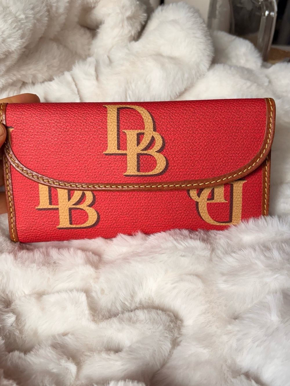 Dooney & Bourke Monogram Large DB continental Clutch wallet Red & Tan color